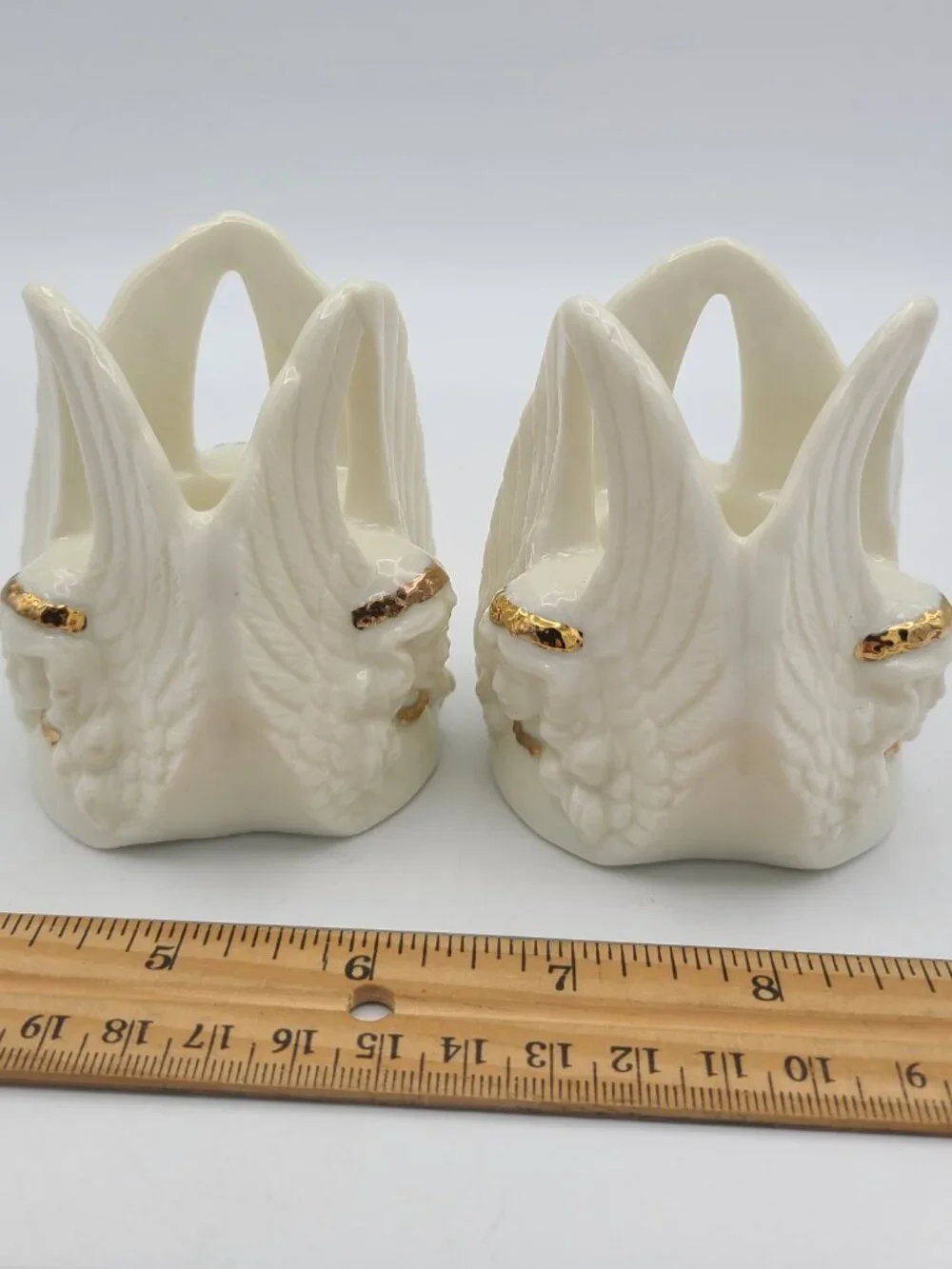 Pair of Porcelain Angels Trio Candlestick Holder Gold Accents Taiwan R.O.C.
